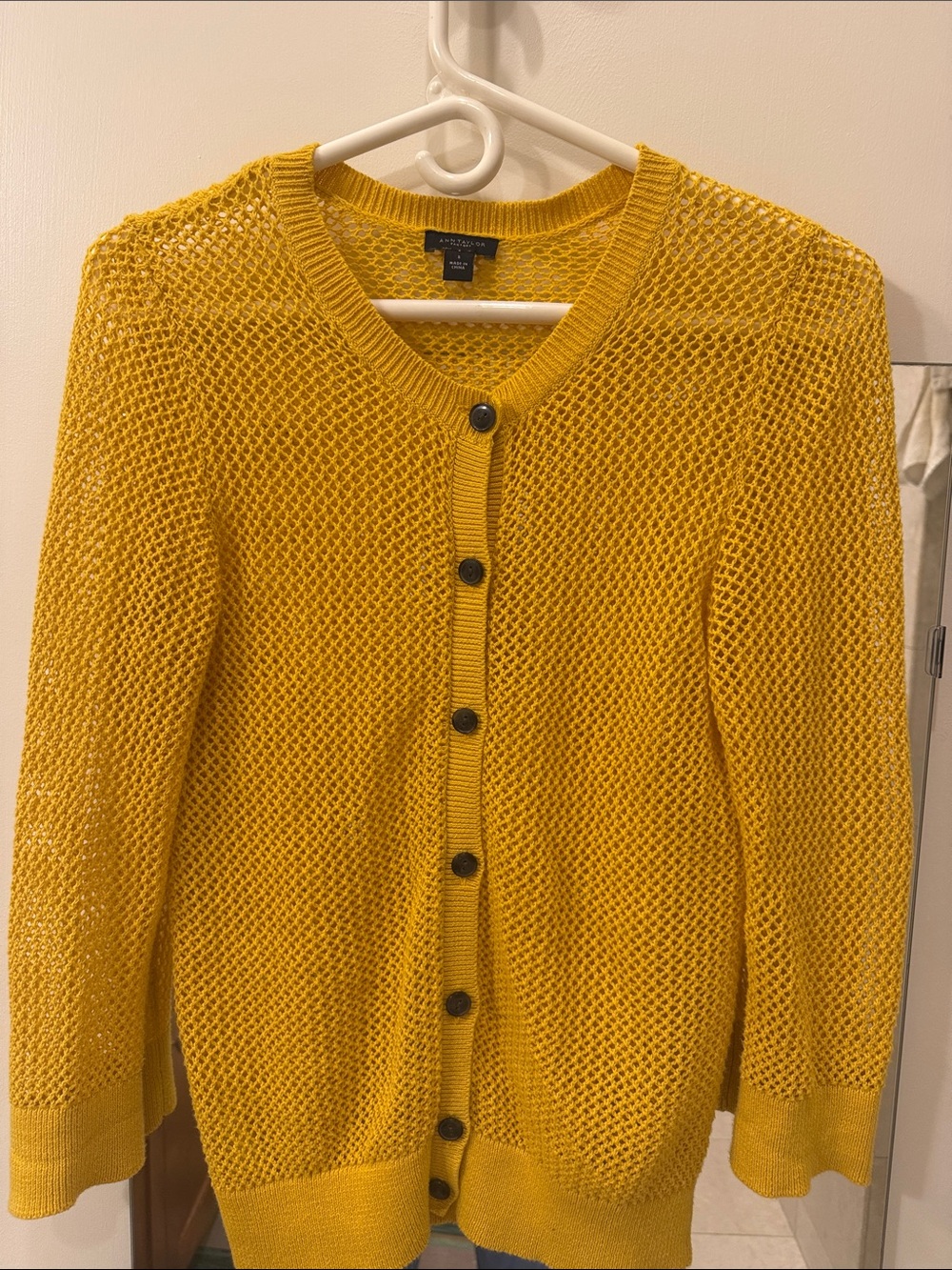 Ann Taylor Mustard Yellow Open-Knit Button Front Cardigan